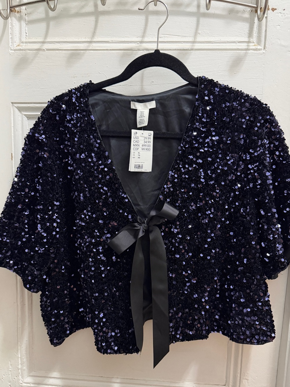 NWT H&M Navy Blue Sequined Cropped Tie-Front Shrug Jacket Size XL